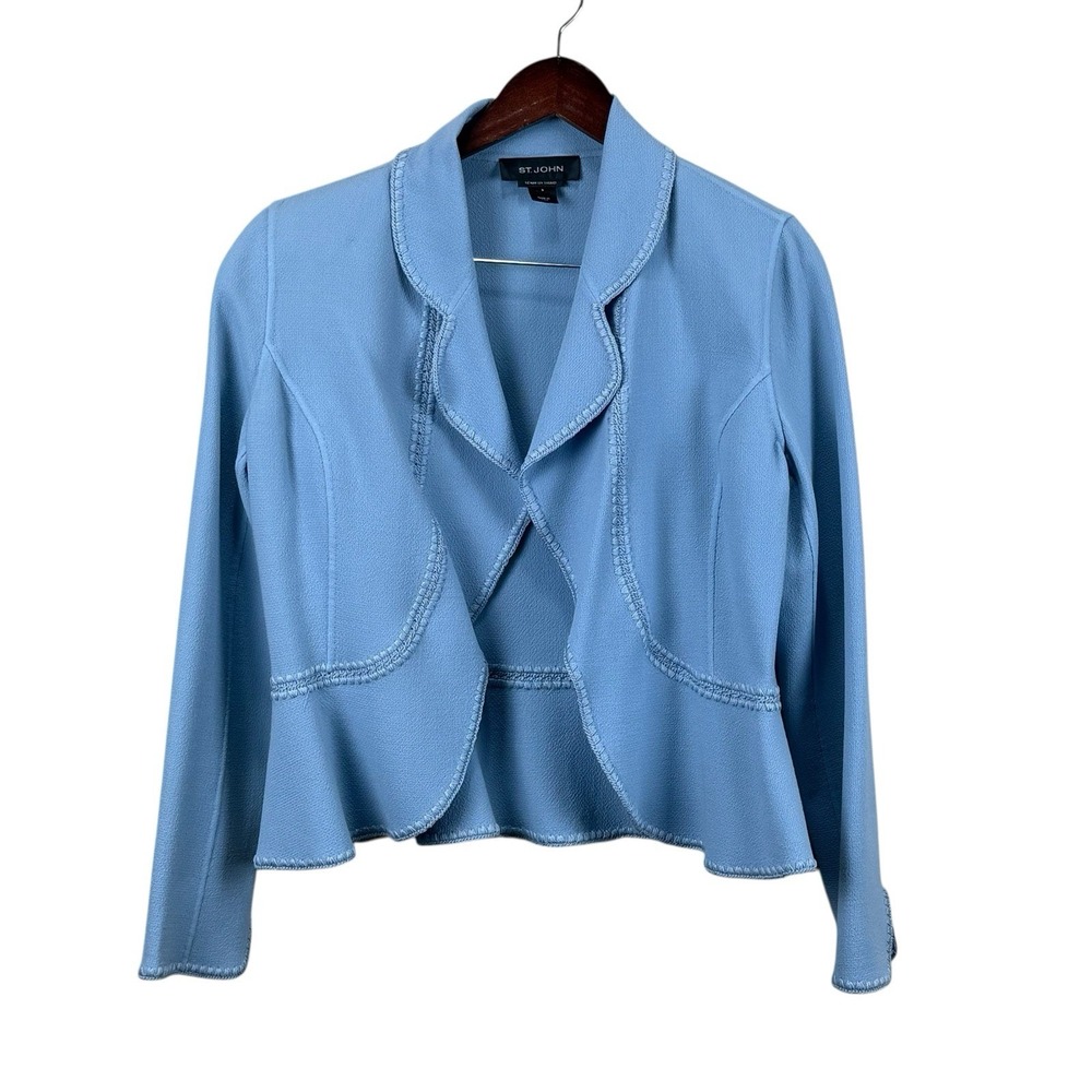 St John Jacket Women's Size 6 Sewn by Hand Blue Open Front 100% Wool